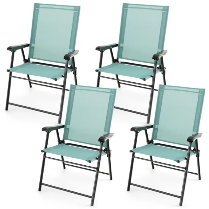 Patio Folding Chairs Set of 4, Outdoor Sling Chairs with Breathable Fabric Back amp Seat, Portable Dining Camping Chairs Ease