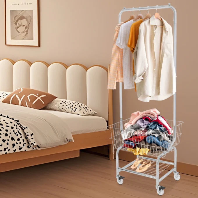50*40*180cm Floor-Mounted Clear Large Capacity Clothes Cart Flexible Rolling Laundry Cart with Openwork Mesh
