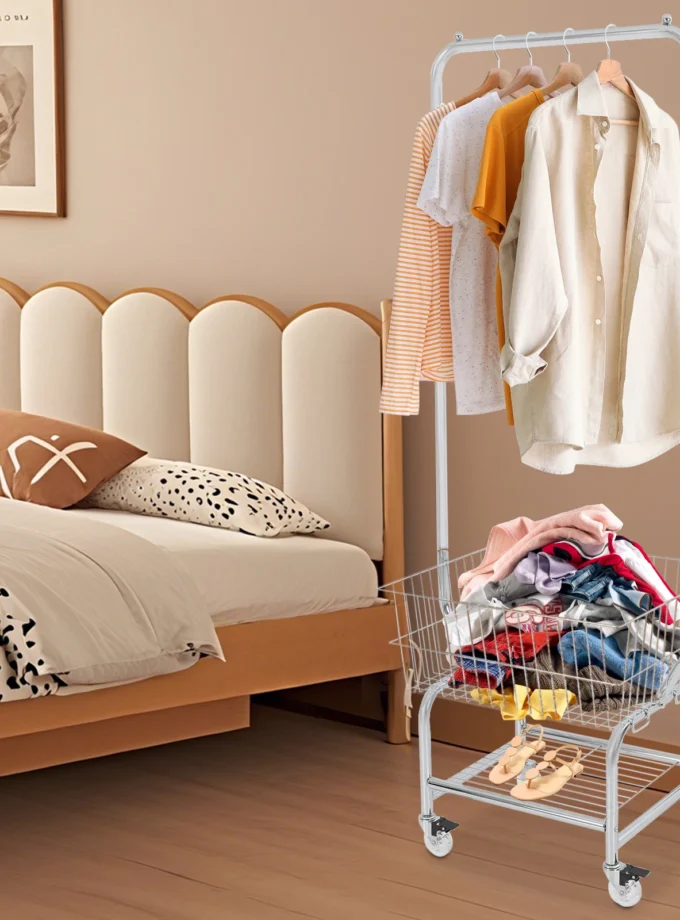 50*40*180cm Floor-Mounted Clear Large Capacity Clothes Cart Flexible Rolling Laundry Cart with Openwork Mesh