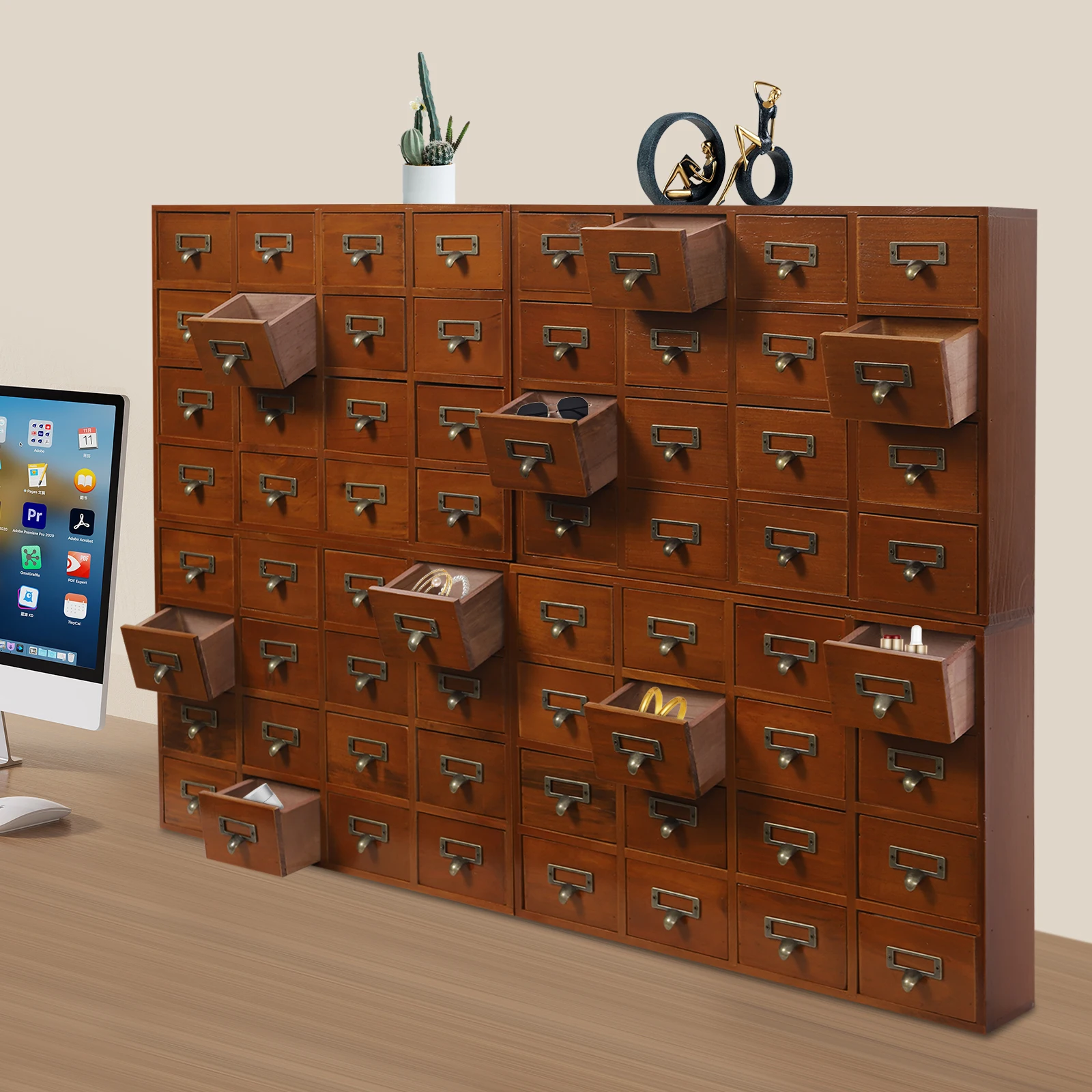 50*35cm Brown Storage Box Apothecary Cabinet Dressers Label Holder Pine Wood Plywood Zinc Alloy 4 PCS 64-Drawer - Image 3