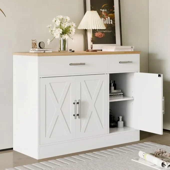 Sideboard Buffet Cabinet with Storage, Kitchen Storage Cabinet with 3 Doors and 2 Drawers, Farmhouse Coffee Bar Ease