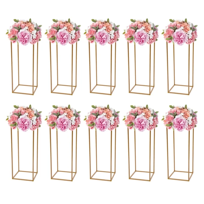 10Pcs Wedding Flower Stand Set 23.62"H Gold Metal Column Rack Wedding Party Prop Decor Balloon Display Holder Flower Vase Pillar