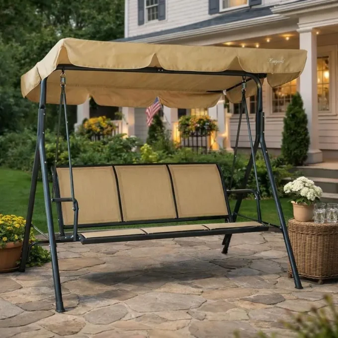 3Person Outdoor Canopy Porch Swing Chair, Breathable Textilene Armrest Seat, Adjustable Shade, HeavyDuty PowderCoated Steel Ease