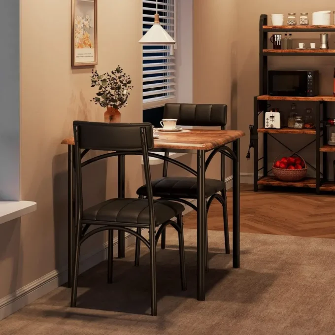Dining Table Set for 2, Kitchen Table Set with 2 Upholstered Chairs, Square Dining Table Set for Apartment, Studio, Small Space,