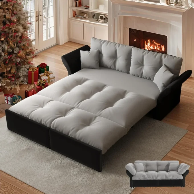 74.8' Queen Velvet Pull Out Sofa Bed, Luxury Futon Couch for Living Room, Office, RV (Grey)