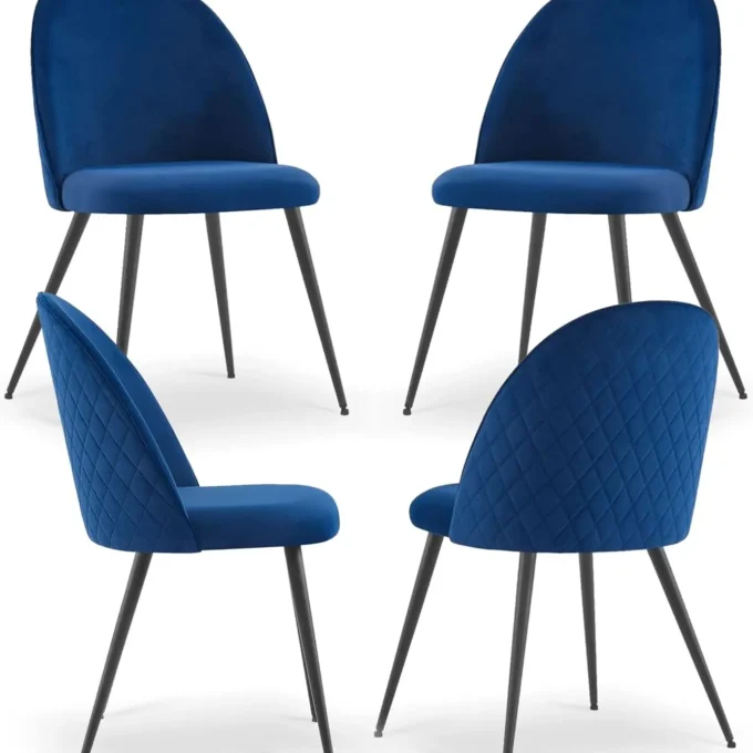 Dining Chair Set of 4 - Velvet Upholstered, Metal Legs, Navy Blue, Comfortable & Simple Design