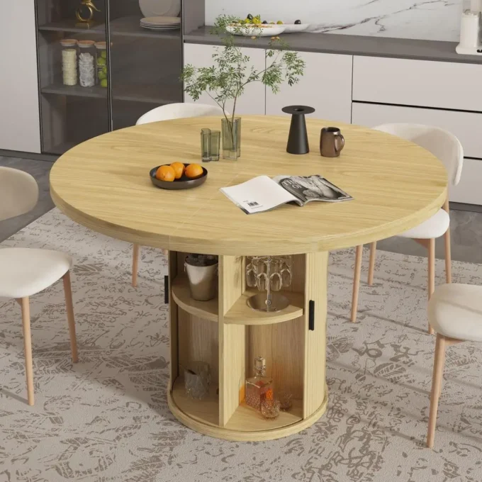 Round Pedestal Dining Table, 24 Modern Fluted Dining Room Kitchen Table with Storage Shelf, Wood Base Dinner Tables for Kitchen,