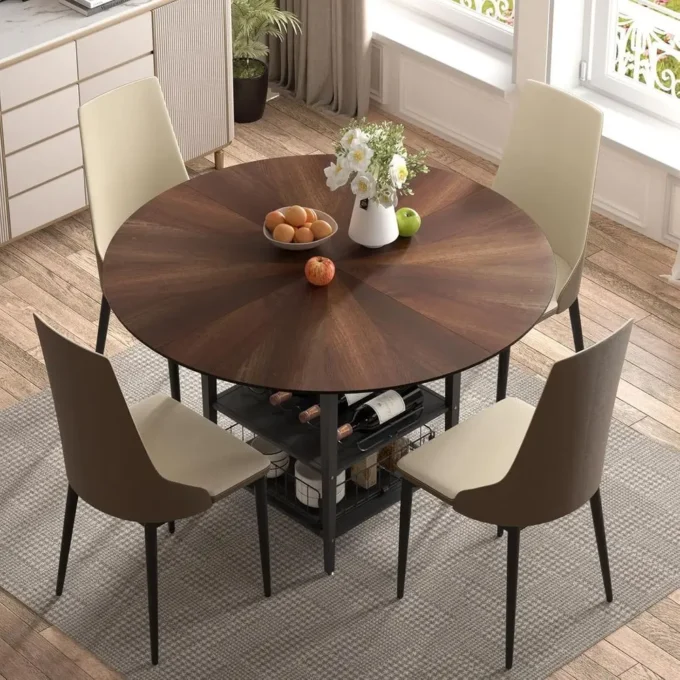 47 Round Kitchen Table Set with Storage Base amp Metal Legs, 5Piece Wooden Dining Set for 4 to 6 People, Includes 4 Upholstered