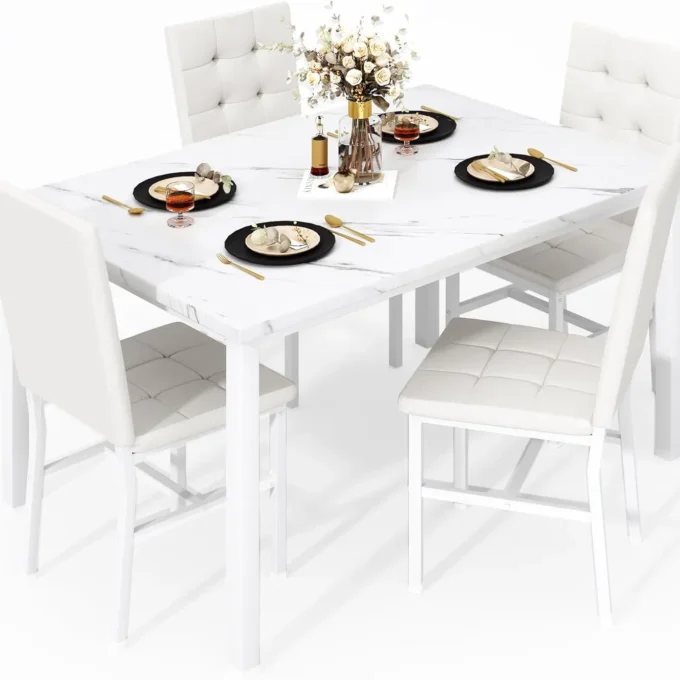 Dining Table Set for 4, Faux Marble Kitchen Table with 4 Leather Chairs, Modern White Dinette Set for Small Spaces