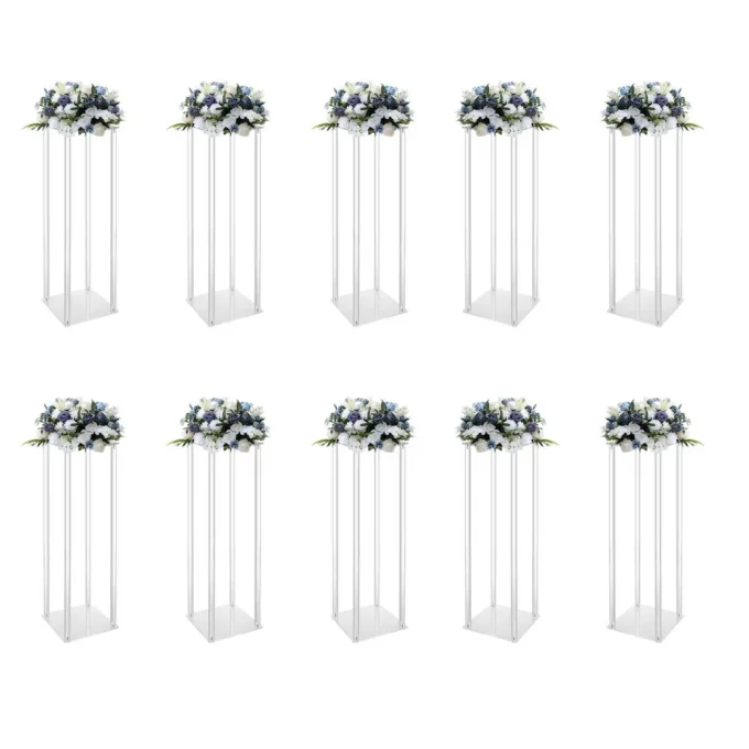 10Pcs Acrylic Vase Wedding Flower Stands Set, 23.6"H Clear Column Rack Geometric Display Stand for Home Party Wedding Decor