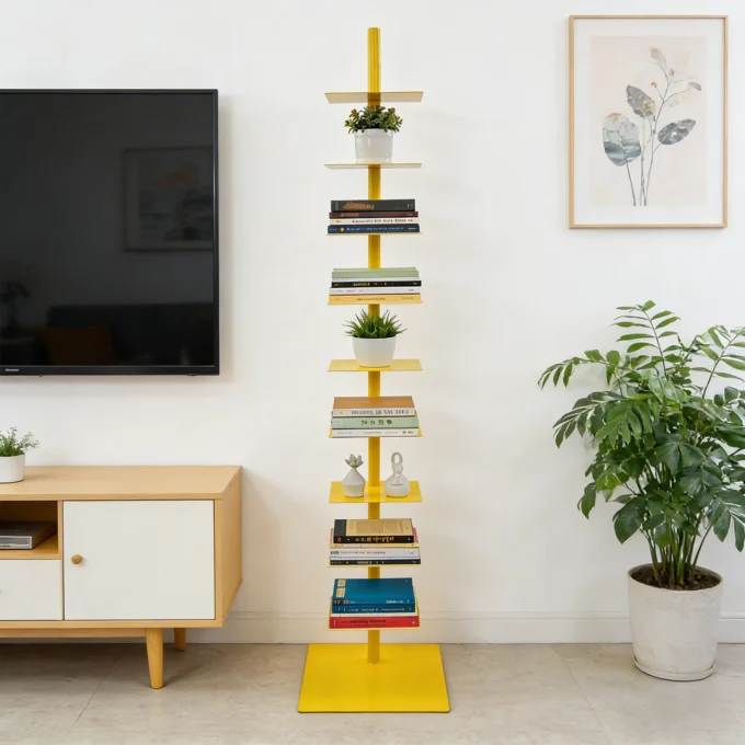 9 Tiers Yellow Floor Standing Vertical Bookshelf Rotatable Vertical Bookshelf for Study Rooms Offices