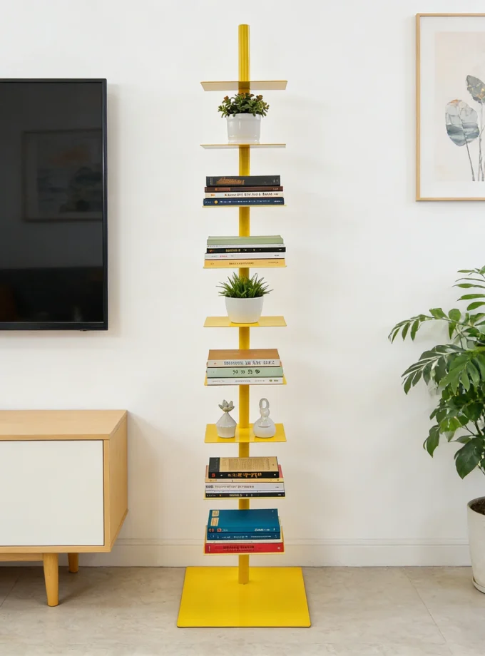 9 Tiers Yellow Floor Standing Vertical Bookshelf Rotatable Vertical Bookshelf for Study Rooms Offices
