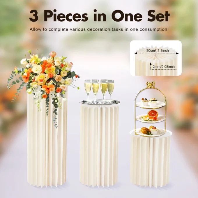 3Pcs Foldable Cardboard Flower Stands Wedding Centerpieces Vase Dessert Table Party Decor Cylinder Display Pedestal (40+60+80cm)