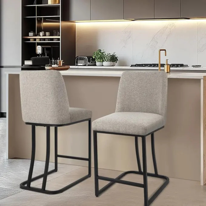 Height Bar Stools Set of 2, 24 Inch Seat Height Bar Chairs for Kitchen Island, Linen Fabric Upholstered Barstools with MetalEase