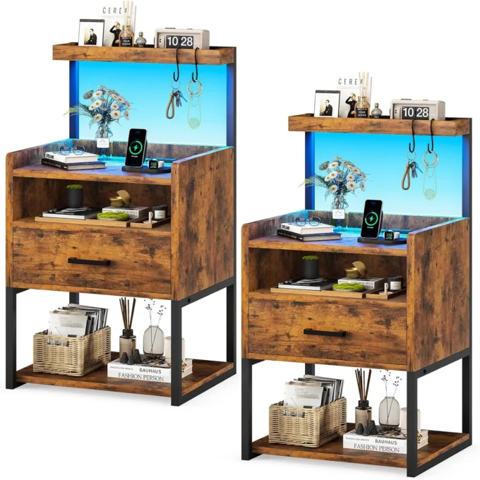 Nightstand Set of 2 with Charging Station, Rustic Brown Bedside Tables with Drawer & LED Light, USB Ports, Easy Assembly