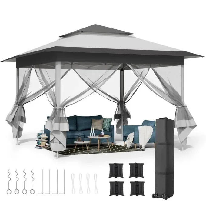 13ft Pop Up Gazebo, Outdoor Instant Canopy Tent w 4 Netting Sidewall amp Auto Extending Eave, Patio Gazebos Shelter w Mesh, Ease