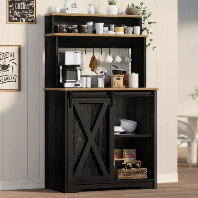 Farmhouse Coffee Bar with 3 Tier Storage Hutch, 56 Inch Small Bar Station with 6 Hooks, Corner Table with Adjustable Shelves for