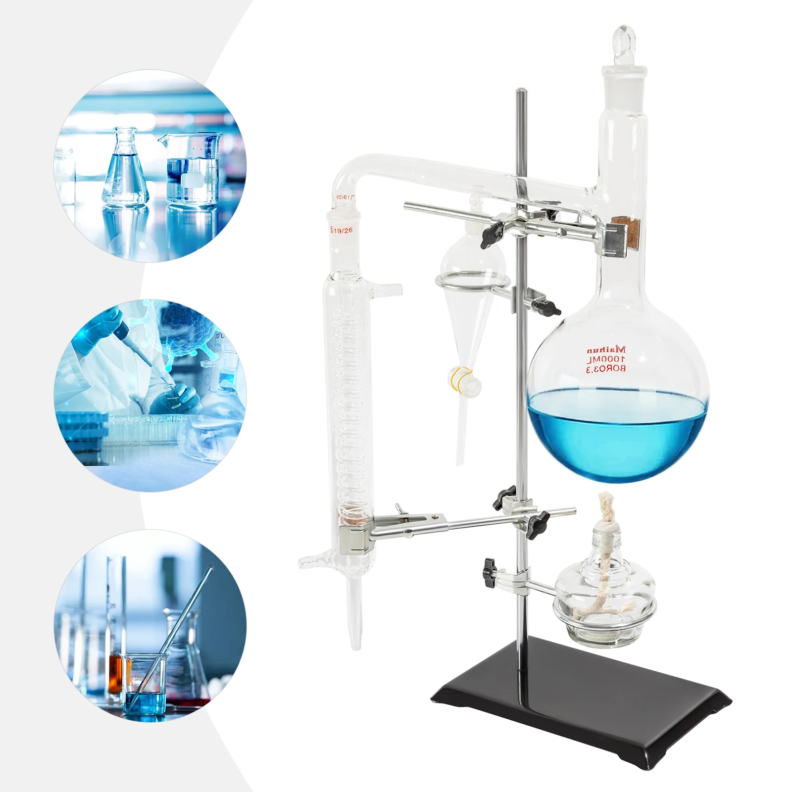 Assembly Clear Distillation Apparatus Kit High Borosilicate Glass Chemistry Lab Essential Oil Distilling Glasswa Alcohol Lamp