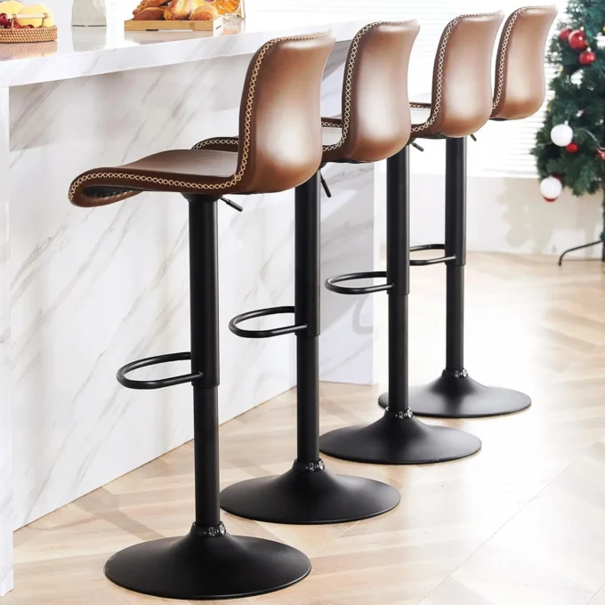 Swivel Bar Stools Set of 4, Adjustable Counter Height with Back, Brown Faux Leather (24' to 32')