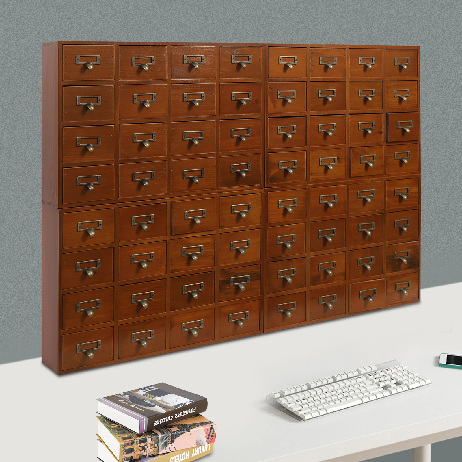 50*35cm Brown Storage Box Apothecary Cabinet Dressers Label Holder Pine Wood Plywood Zinc Alloy 4 PCS 64-Drawer - Image 2