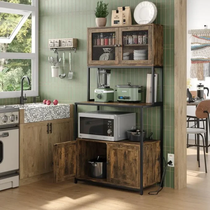 6Tier Kitchen Bakers Rack with Power Outlet, Industrial Microwave Oven Stand with Shelves, Dust Prove Door, Standing Ease