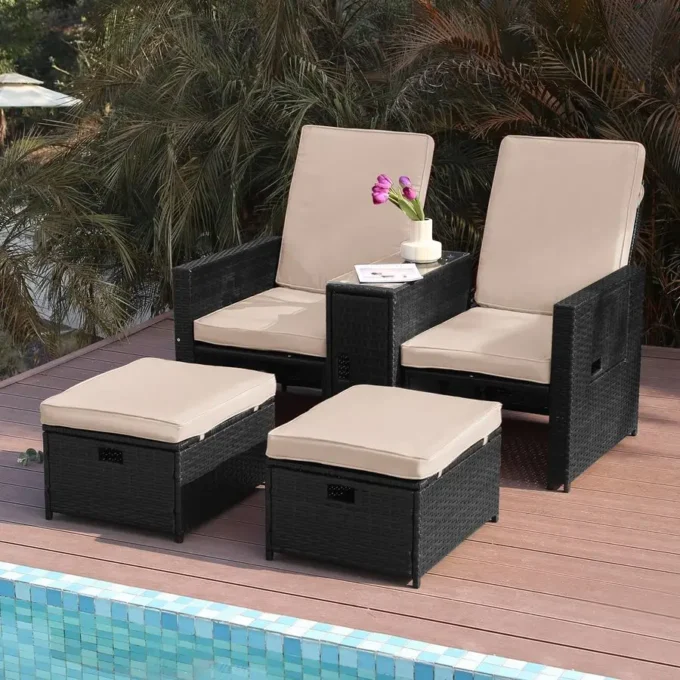Wicker Loveseat Outdoor Rattan Sofa Set with Cushion Adjustable Lounge Chair with Ottoman Footrest, Wicker Furniture Ease
