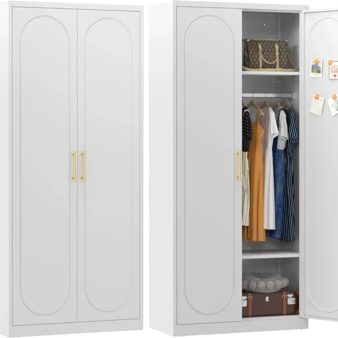 71' White Wardrobe with Doors, Hanging Rod & 2 Adjustable Shelves