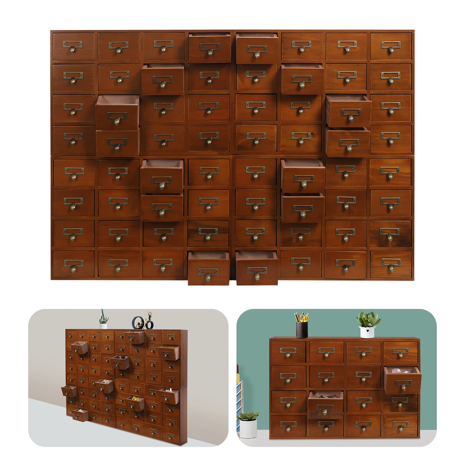 50*35cm Brown Storage Box Apothecary Cabinet Dressers Label Holder Pine Wood Plywood Zinc Alloy 4 PCS 64-Drawer - Image 5