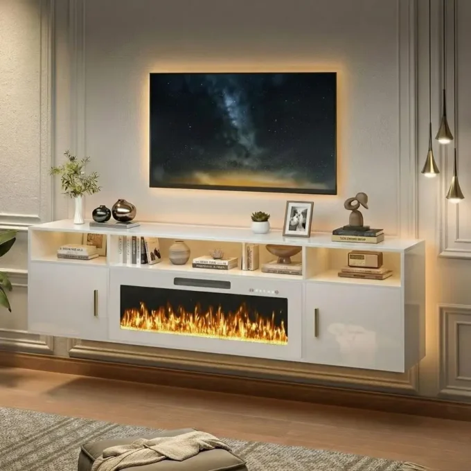 70 Floating TV Stand with 36 Fireplace, Wall Mounted Entertainment Center with Storage Cabinet and 20 Colors LED Lights for TVs