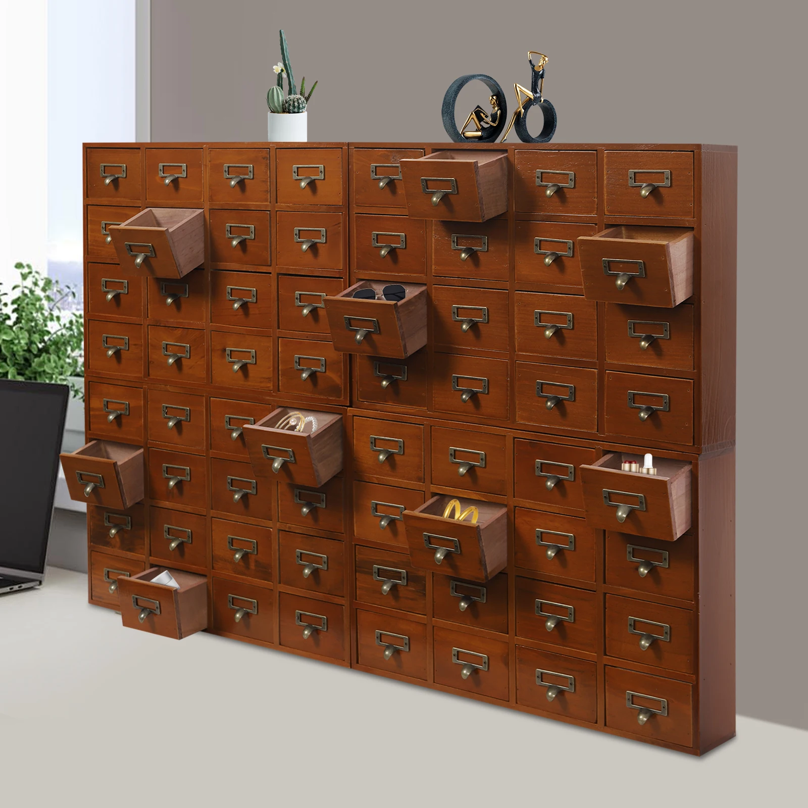 50*35cm Brown Storage Box Apothecary Cabinet Dressers Label Holder Pine Wood Plywood Zinc Alloy 4 PCS 64-Drawer - Image 4